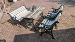 Tuinbanken met gietijzeren onderstel tafel en stoelen, Tuin en Terras, Tuinsets en Loungesets, Ophalen, Bank, Zo goed als nieuw