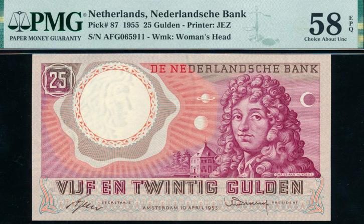 AUNC PMG 58 EPQ: 25 Gulden 1955 ‘Huygens' - AFG065911, Postzegels en Munten, Bankbiljetten | Nederland, Los biljet, 25 gulden