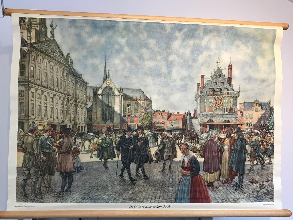 Amsterdam DE DAM schoolplaat, Antiek en Kunst, Ophalen of Verzenden, Stad- en Dorpsgezichten