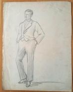 A493-34 Oude tekening Man in pak met handen in zak, Ophalen of Verzenden