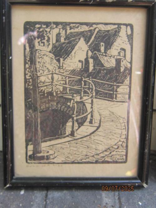 kleine Houtsnede bekend gesigneerd bruggetje ???, Antiek en Kunst, Kunst | Litho's en Zeefdrukken, Ophalen