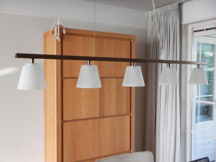 Hanglamp in brons kleur met 5 kapjes, Huis en Inrichting, Lampen | Hanglampen, Gebruikt, Glas, Metaal, Ophalen