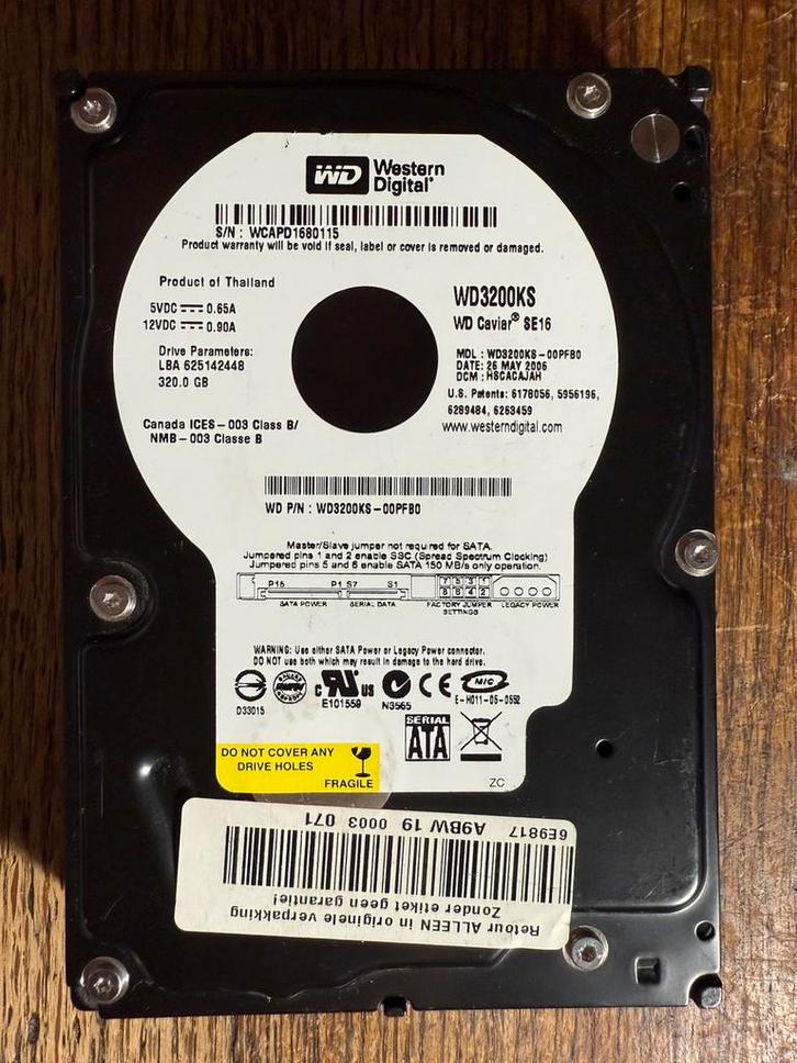 320GB Western Digital WD3200KS-00PFB0 3.5'' SATA HDD, Computers en Software, Harde schijven, Zo goed als nieuw, Desktop, Intern