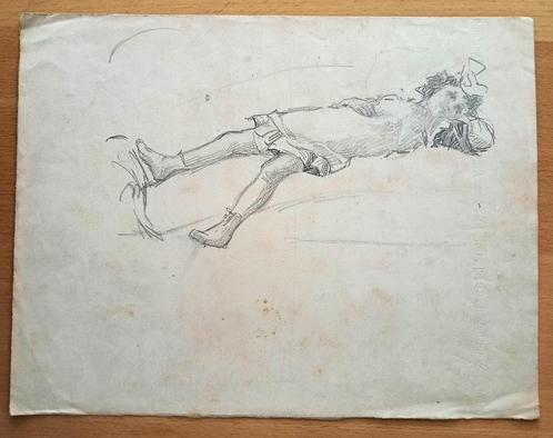 A493-39 Oude tekening Meisje met strik in haar liggend, Antiek en Kunst, Kunst | Tekeningen en Foto's, Ophalen of Verzenden