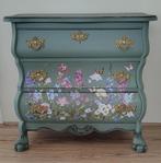 Groen eiken buikkastje met vrolijke botanische print, Huis en Inrichting, Kasten | Ladekasten, Ophalen, Eikenhout, 50 tot 100 cm