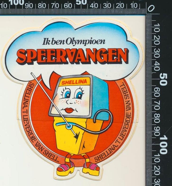 Sticker: Shell - Ik ben olympioen speervangen (2), Verzamelen, Stickers, Zo goed als nieuw, Auto of Motor, Ophalen of Verzenden