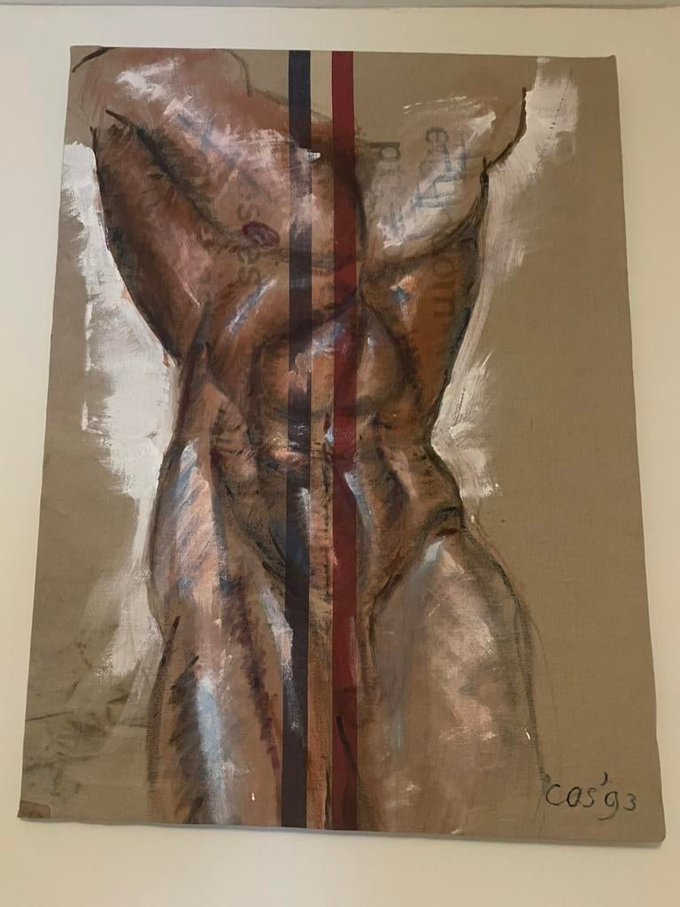 MOET WEG! Torso man. geschilderd op postzak 120 bij 90 cm, Antiek en Kunst, Ophalen