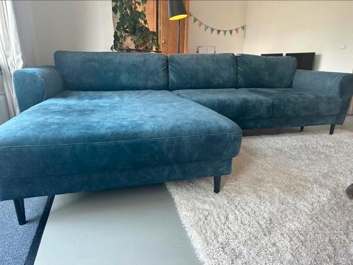 Mooie blauwe petrol stoere grote bank chaise longue, Huis en Inrichting, Banken | Sofa's en Chaises Longues, Zo goed als nieuw