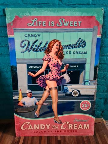 FIFTIES SIXTIES METALEN DECO BORD LIFE IS SWEET CANDY CREAM  beschikbaar voor biedingen