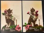 2 x fotokaart Kat Poes gitaar muziek rode roos hand colored, Verzamelen, Ophalen of Verzenden, Voor 1920, Ongelopen, Overige thema's