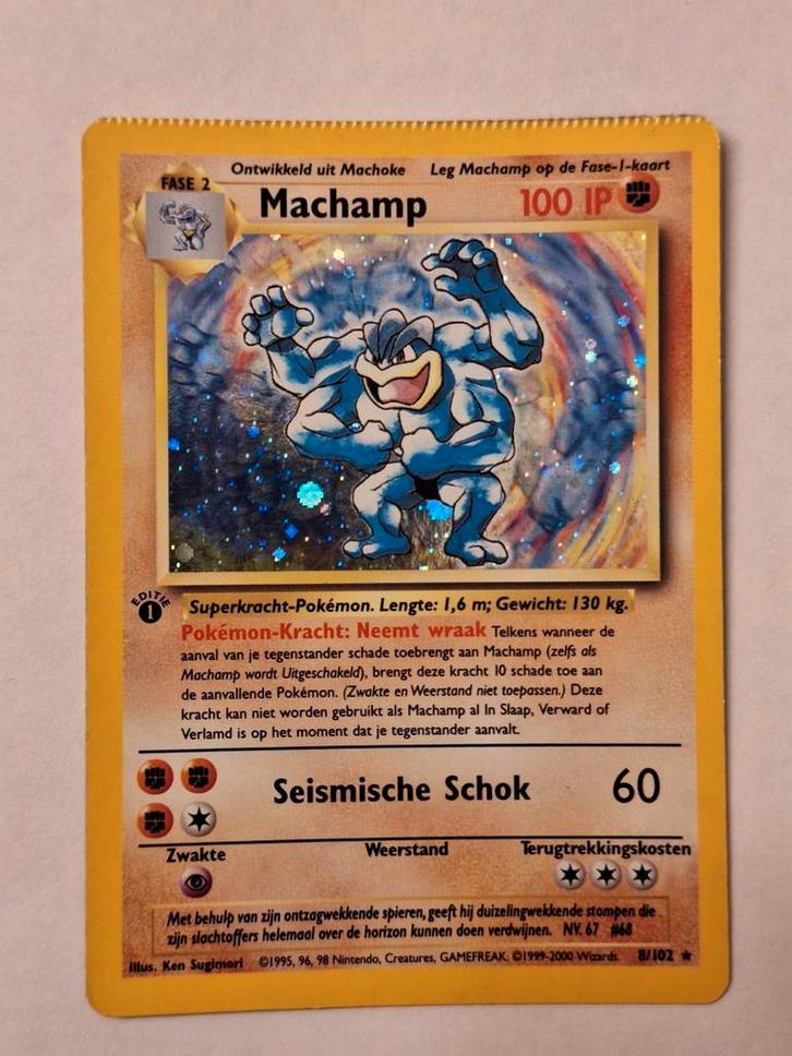Engelse Machamp base set holo 1st edition, Hobby en Vrije tijd, Verzamelkaartspellen | Pokémon, Zo goed als nieuw, Losse kaart