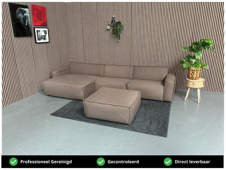 GRATIS LEVERING Loungebank + Poef Bruin 350x155 REFURBISHED, Huis en Inrichting, Banken | Bankstellen, Zo goed als nieuw, Hoekbank
