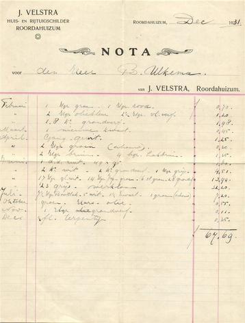 J. Velstra, Roordahuizum - 12.1931 - nota beschikbaar voor biedingen