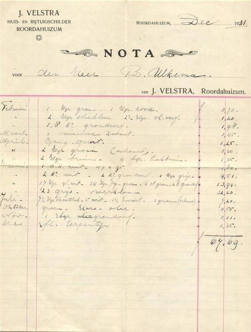 J. Velstra, Roordahuizum - 12.1931 - nota, Postzegels en Munten, Brieven en Enveloppen | Nederland, Overige typen, Ophalen of Verzenden