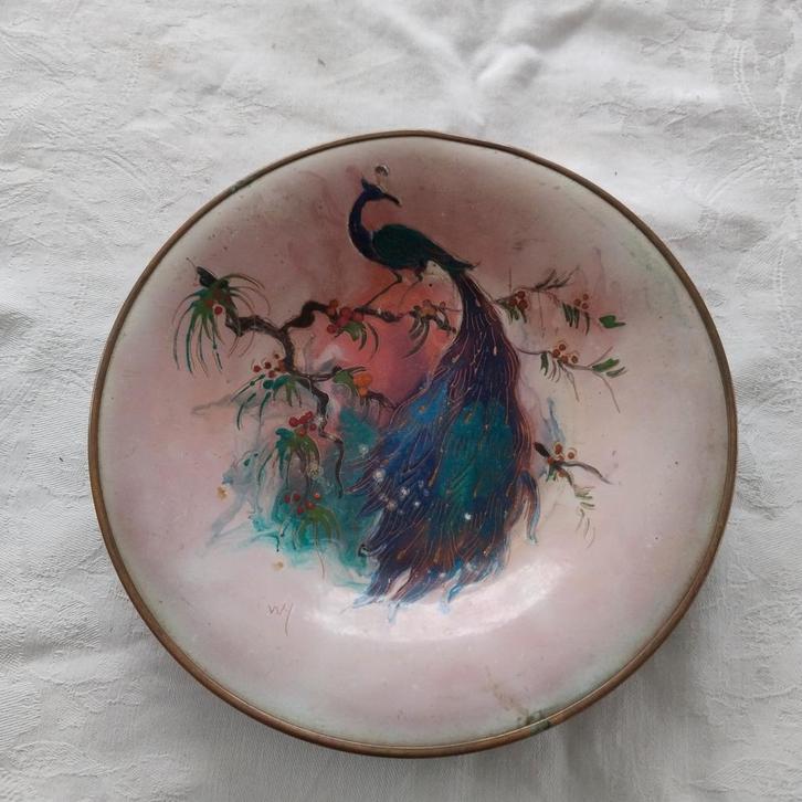 Geëmailleerd bord met pauw, jaren 50/60, Antiek en Kunst, Antiek | Schalen, Ophalen of Verzenden