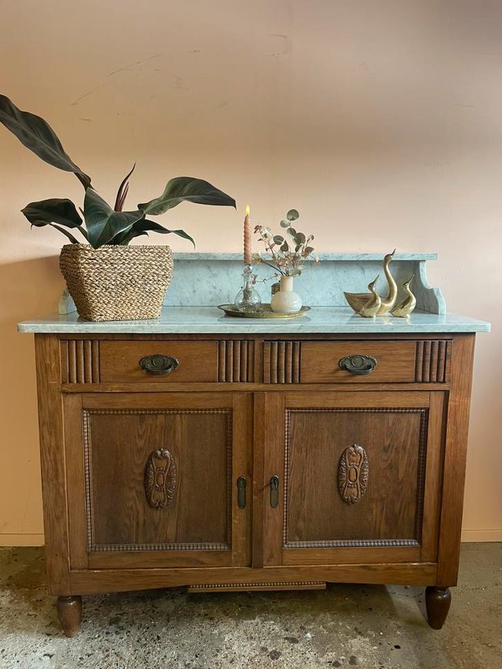 Vintage houten commode met wit marmeren blad met opstand, Huis en Inrichting, Kasten | Overige, Gebruikt, Ophalen