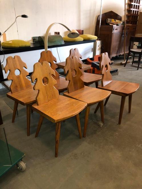 Brutalist Houten Stoelen - Set van 6, Huis en Inrichting, Stoelen, Gebruikt, Vijf, Zes of meer stoelen, Hout, Bruin, Ophalen