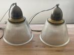 2 stoere industriele hanglampen, Huis en Inrichting, Lampen | Hanglampen, Ophalen, Gebruikt, Glas, Minder dan 50 cm