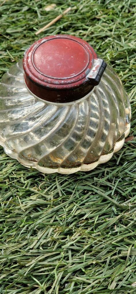 Antieke glazen inktpot met scharnierende deksel (brocante), Antiek en Kunst, Antiek | Kantoor en Zakelijk, Ophalen of Verzenden