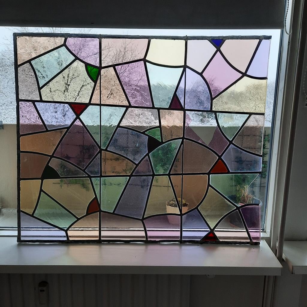Oud glas in lood raam, beschadigd - 105x88cm, Huis en Inrichting, Woonaccessoires | Overige, Gebruikt, Ophalen