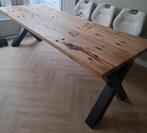 Robuuste tafel van wagonplanken X poten zwart, Huis en Inrichting, Tafels | Eettafels, Ophalen, Gebruikt, Eikenhout, 200 cm of meer