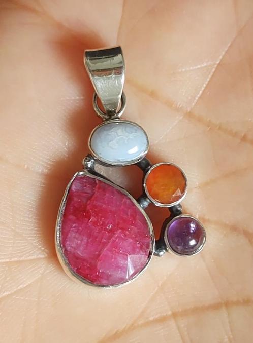 925 Zilveren hanger met Robijn en Multi stenen, Sieraden, Tassen en Uiterlijk, Kettinghangers, Nieuw, Zilver, Roze, Overige voorstellingen
