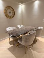 Bruin/goud marmer eettafel met velvet taupe schelpstoelen, Ophalen, 50 tot 100 cm, Zo goed als nieuw, 150 tot 200 cm