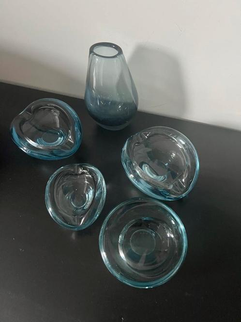 Vintage Blauw Glas Set - Vaas & Schalen/Asbakken Holmegaard, Antiek en Kunst, Antiek | Glas en Kristal, Ophalen of Verzenden