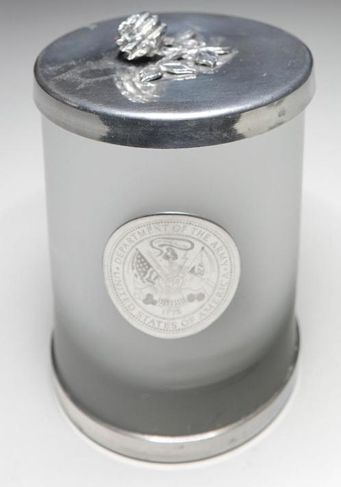 Glas met tin kaarsenhouder Dept of the Army US of America, Antiek en Kunst, Curiosa en Brocante, Ophalen of Verzenden