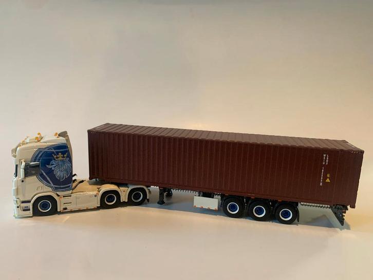 Scania trekker met container oplegger van WSI, Hobby en Vrije tijd, Modelauto's | 1:50, Gebruikt, Bus of Vrachtwagen, Wsi, Ophalen of Verzenden