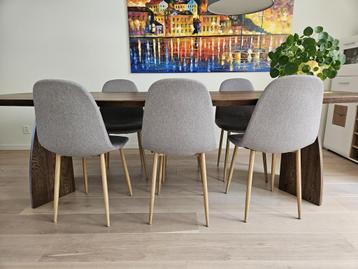 6 grijze stoffen eetkamer stoelen