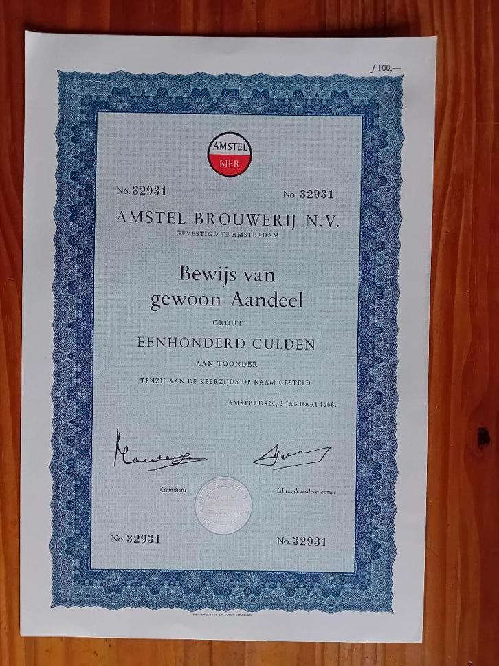 Aandeel Amstel Brouwerij - 1966, Verzamelen, Biermerken, Zo goed als nieuw, Overige typen, Amstel, Ophalen of Verzenden