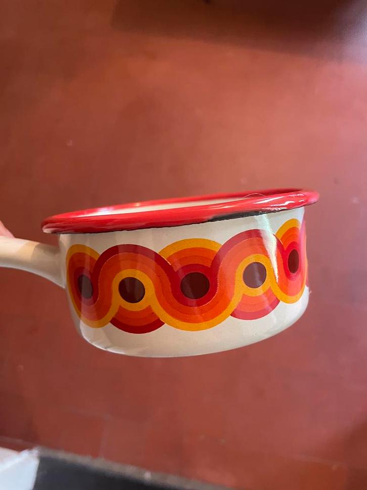 Retro emaille pan Ibili met print, Huis en Inrichting, Keuken | Potten en Pannen, Zo goed als nieuw, Kookpan of Snelkookpan, Ophalen of Verzenden
