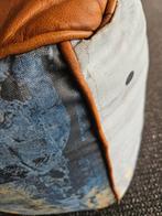 Poef Canvas echt leer blauw cognac vintage ptmd opruiming, Ophalen of Verzenden, Nieuw, Rond, Leer