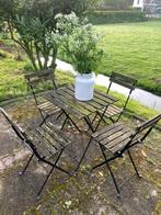Tuinset: tafel + stoelen (4x) van hout & gietijzer, Gebruikt, Hout, Ophalen, Vierkant