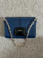 Blauwe, leren Furla avondtas/clutch met gouden ketting, Ophalen of Verzenden, Zo goed als nieuw, Blauw, Avondtasje