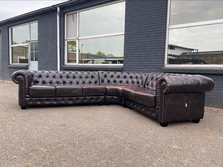 Chesterfield hoekbank bruin leer GRATIS BEZORGD, Huis en Inrichting, Banken | Bankstellen, Gebruikt, Vierpersoons of meer, 75 tot 100 cm
