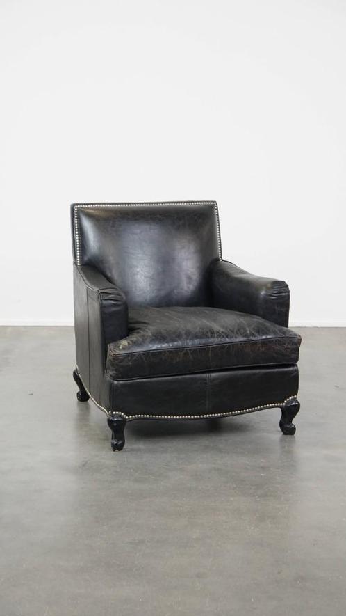 Luxe zwarte generfde rundleren fauteuil met een diepe zit, Huis en Inrichting, Fauteuils, Gebruikt, Leer, 50 tot 75 cm, 75 tot 100 cm