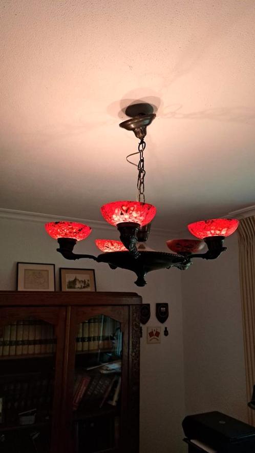 Art Deco/Jugendstil bloedmaan kroonluchter/Brons met albast, Antiek en Kunst, Antiek | Lampen, Ophalen