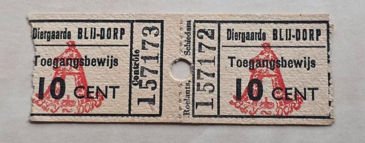 399) TOEGANGSBEWIJS DIERGAARDE BLIJ-DORP 10 CENT ROTTERDAM, Postzegels en Munten, Postzegels | Thematische zegels, Plaats of Gebouw