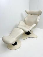 Vintage fauteuil Stokke Tok met ottoman Variér leder roomwit, Metaal, Ophalen of Verzenden, 75 tot 100 cm, Zo goed als nieuw