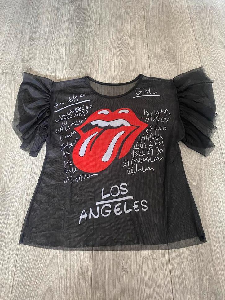 the rolling stones logo mesh top shirt ruffle mouwen mt M, Kleding | Dames, Tops, Zo goed als nieuw, Maat 38/40 (M), Zwart, Korte mouw