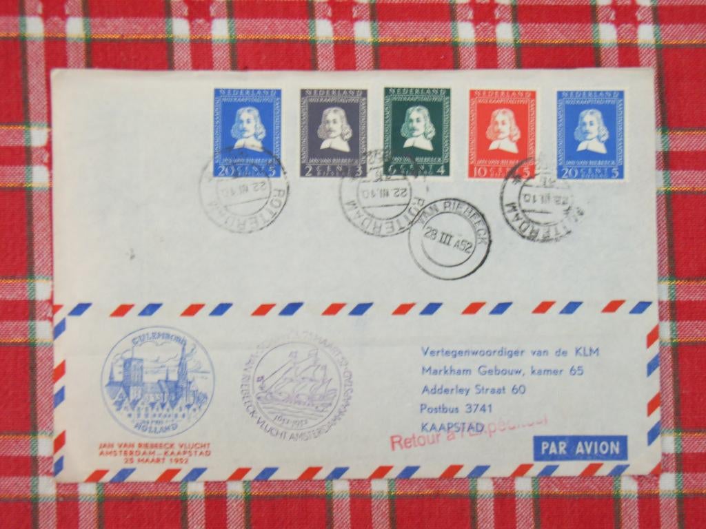 RB   Jan van Riebeeck Vlucht A-dam Kaapstad, Postzegels en Munten, Ophalen of Verzenden, Envelop