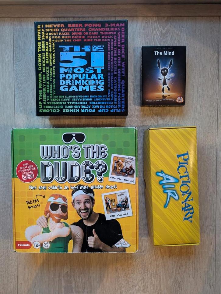 Spellenpakket: The Mind, Pictionary Air, Who's the Dude..., Hobby en Vrije tijd, Gezelschapsspellen | Bordspellen, Zo goed als nieuw