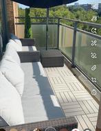 Loungeset (L vorm) met tafeltje/voetenbankje en kussens, Tuin en Terras, Ophalen, 5 zitplaatsen, Gebruikt, Tuinset