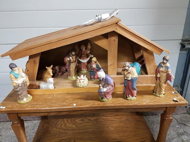 Mooie houten kerststal porseleinen beeldenset 12 delig (5), Diversen, Kerst, Gebruikt, Ophalen