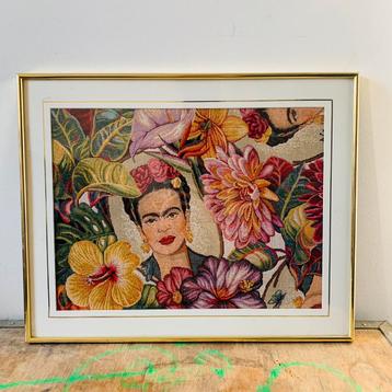 Frida Kahlo / kunstwerk / gobelin stof bloem/ messing goud /