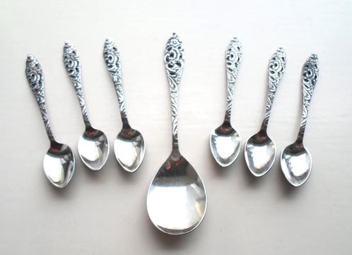 6 Lepeltjes + suikerlepel. Ajour. Sola., Antiek en Kunst, Antiek | Bestek, Ophalen of Verzenden
