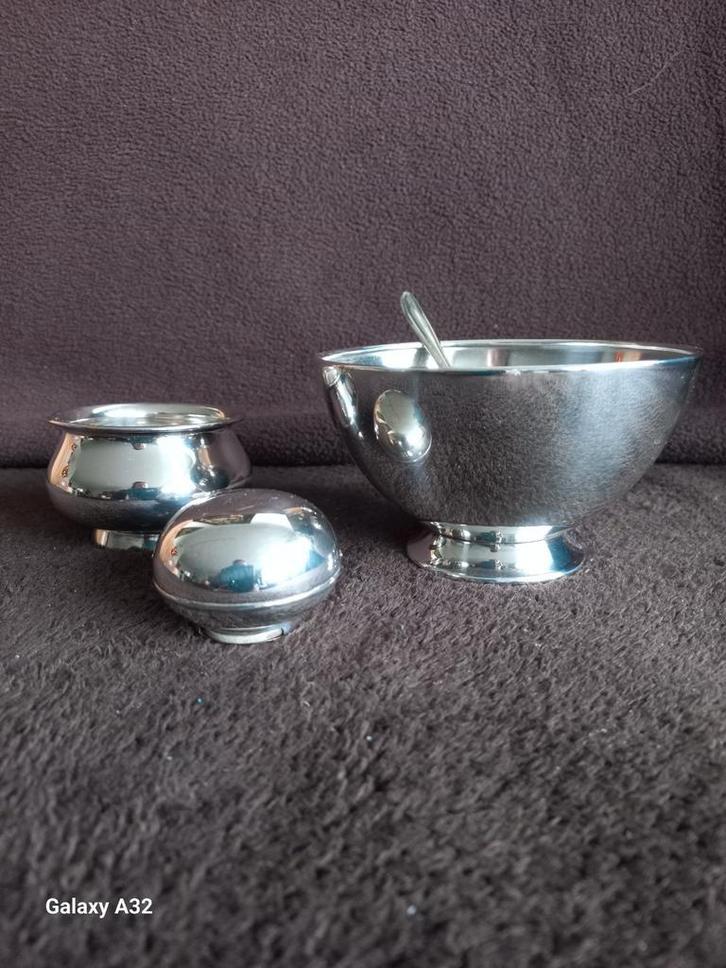 verzilverde suikerkom lepel kommetje en zoetjes dispenser, Huis en Inrichting, Keuken | Servies, Gebruikt, Overige typen, Overige stijlen