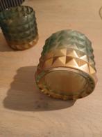 Nieuwe waxinelichtje houders 2 stuks goud met groen €15.00., Overige materialen, Nieuw, Ophalen of Verzenden, Minder dan 25 cm